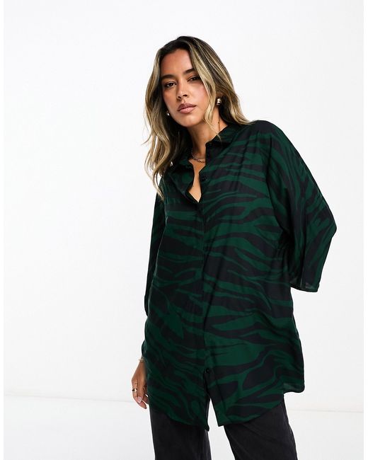 Asos Design oversized long sleeve shirt green zebra print-