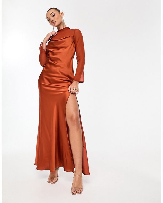 Asos Design satin cowl maxi dress with chiffon layer detail rust-