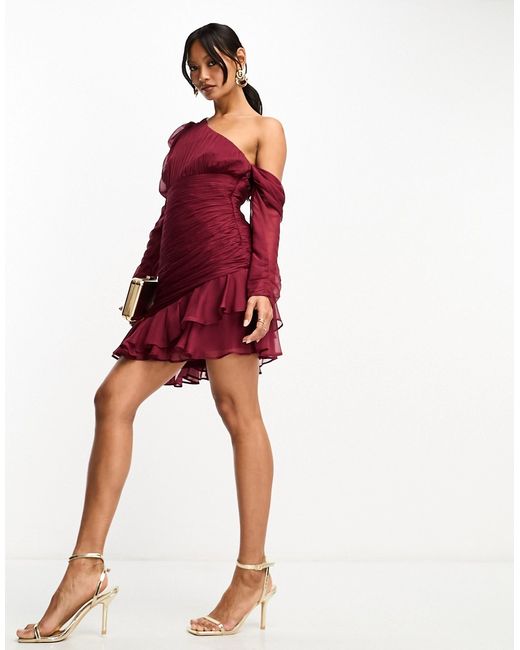 Asos Design draped one shoulder mini dress with pephem burgundy-