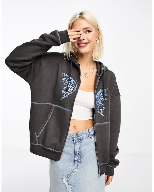 Daisy Street oversized zip front hoodie washed with butterfly graphic