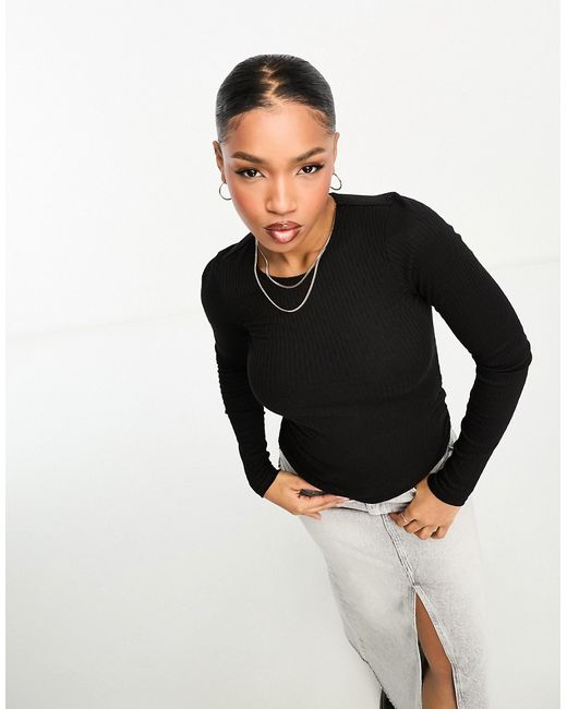 Monki ribbed pointelle long sleeve top