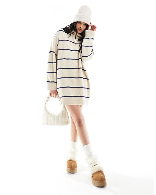Pull & Bear knitted roll neck sweater dress sand stripe-