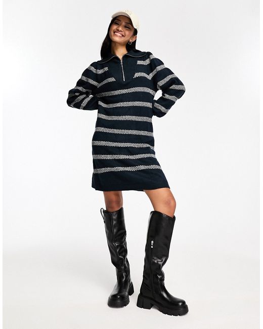 Pieces half zip knitted sweater dress navy cream stripe-