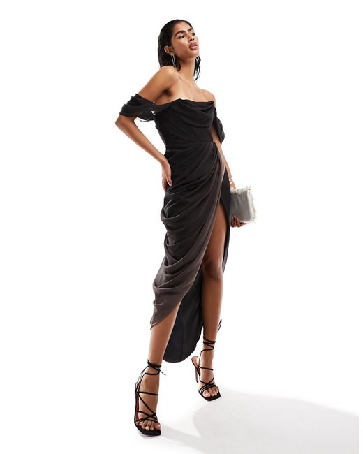 Asos Design bardot draped midi dress with slit ombre-