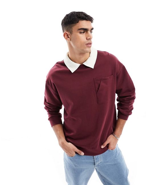 Asos Design oversized rugby polo sweatshirt with faux collar burgundy-