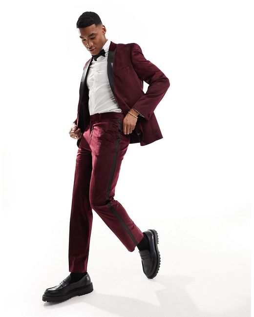 Asos Design slim tuxedo suit pants burgundy velvet-