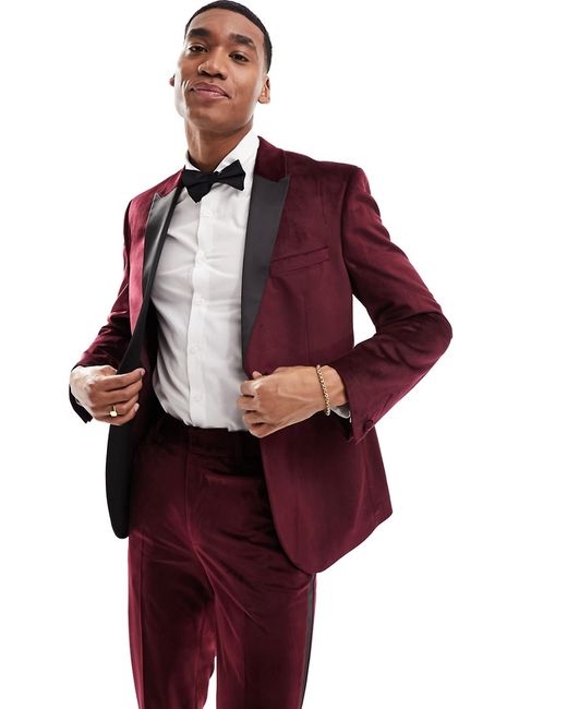 Asos Design slim tuxedo suit jacket burgundy velvet-
