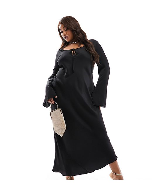 ASOS Curve DESIGN Curve tie front long sleeve midi dress with binding