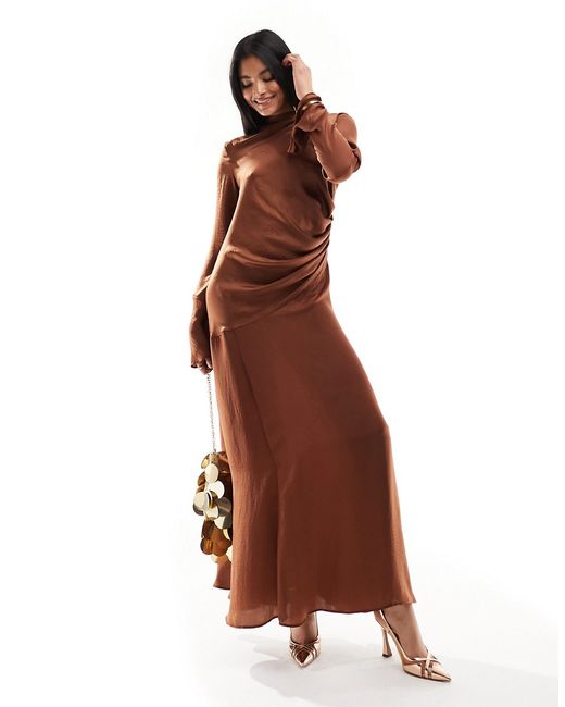 Asos Design ruched side cowl neck maxi dress with asymmetric tier chocolate-