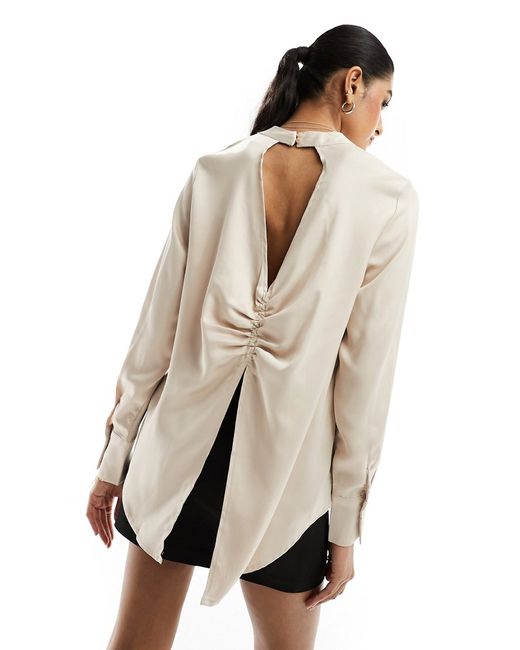 Vila satin high neck blouse with open ruched back