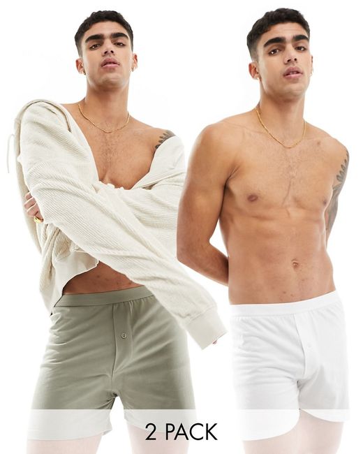 Asos Design 2 pack jersey boxers khaki and white-