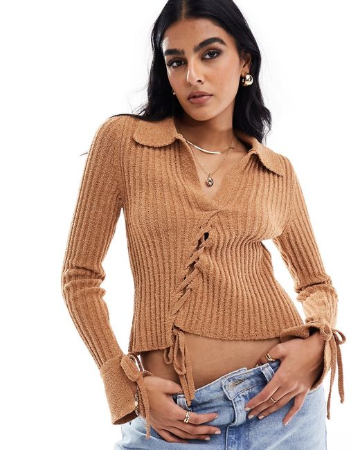 Asos Design knit polo collar sweater with tie detail teddy yarn tan-