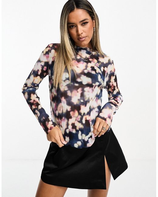 Other Stories plisse mesh long sleeve top blurred floral print-