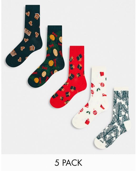 Monki 5 pack Christmas print socks green red and beige-