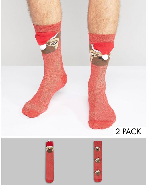 Asos Christmas Socks With 3D Santa Pug Glitter Design 2 Pack