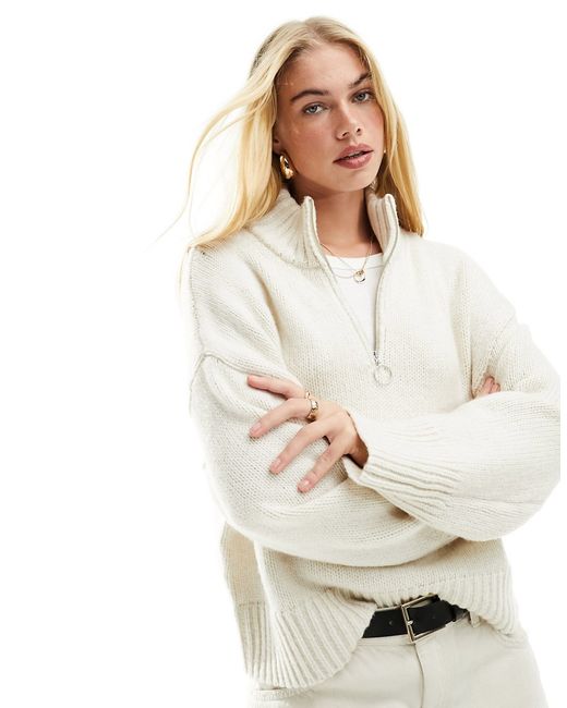 Asos Design relaxed sweater with zip collar cream-