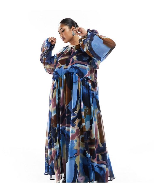 ASOS Curve DESIGN Curve chiffon maxi smock dress with scallop waist purple abstract print-
