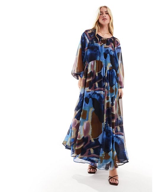 Asos Design chiffon maxi smock dress with scallop waist purple abstract print-