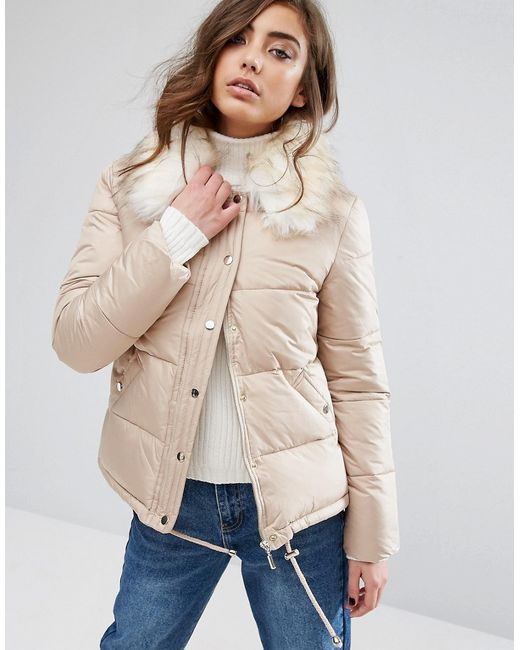 Miss Selfridge Faux Fur Collar Quilted Padded Jacket Champagne