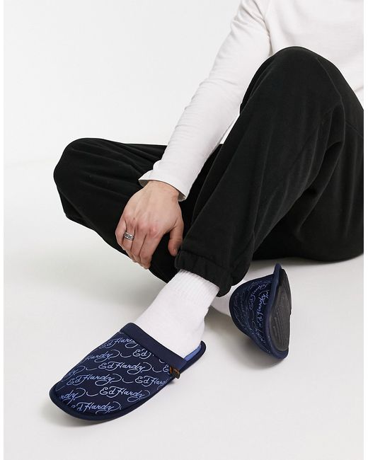 Ed Hardy multi logo mule slippers blue-