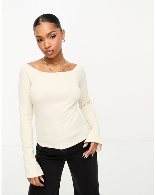 Monki ribbed boat neck long sleeve top with slits off