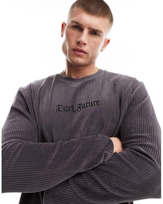Asos Design Dark Future relaxed long sleeve t-shirt charcoal ribbed Velour-