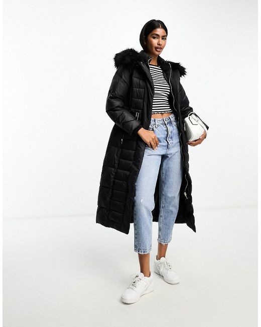 River Island maxi belted puffer with faux fur hood
