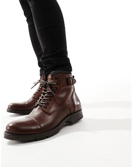Jack & Jones leather lace up boots with buckle