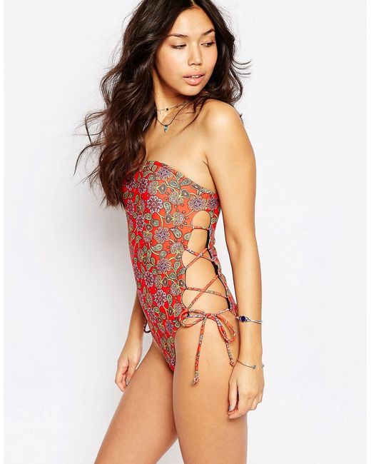 Motel Printed Lattice Side Swimsuit Red-indian