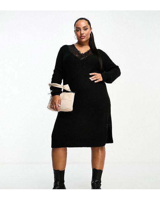 Vila Curve v neck knitted sweater midi dress with lace detail