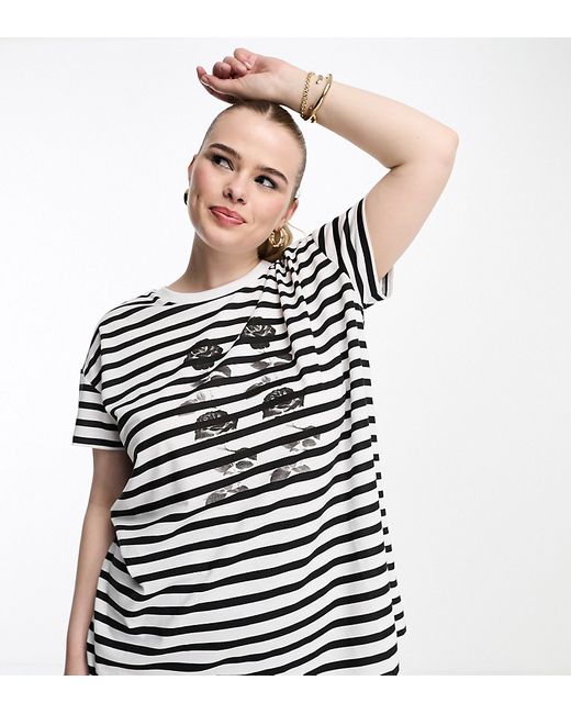 Yours stripe T-shirt with rose print black and white-
