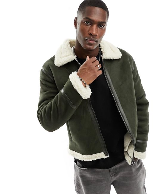 Only & Sons faux suede aviator jacket with borg lining khaki-