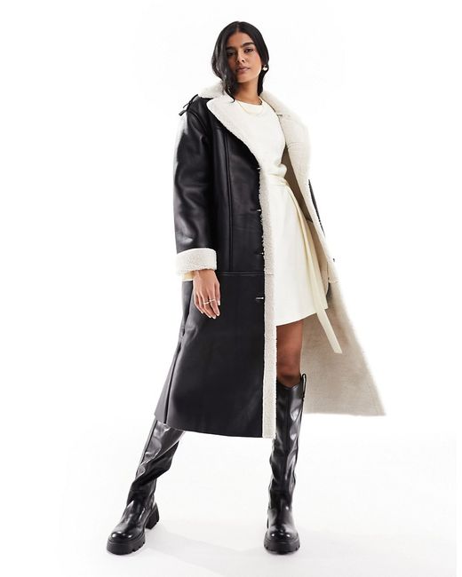 Only faux leather longline aviator coat