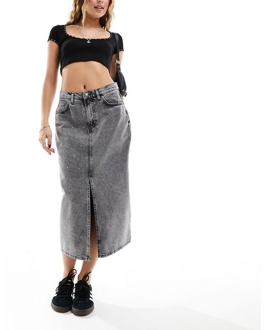 Only studded denim midi skirt with front slit washed