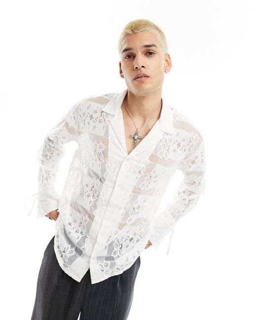 Reclaimed Vintage limited edition long sleeve lace patchwork shirt with tie sleeves-