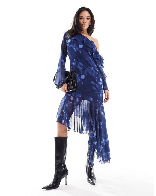 Asos Design fallen shoulder chiffon midi dress with asymmetric hem and tendril detail blurred floral print-
