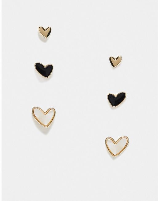 Asos Design pack of 3 stud earrings with faux pearl and micro pave heart design tone