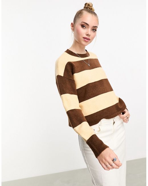 Pieces exclusive scoop neck sweater brown cream stripe-