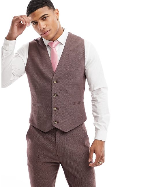 Asos Design wedding slim suit vest burgundy microtexture-