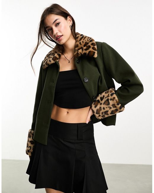 Only tailored jacket with removable leopard faux fur khaki-