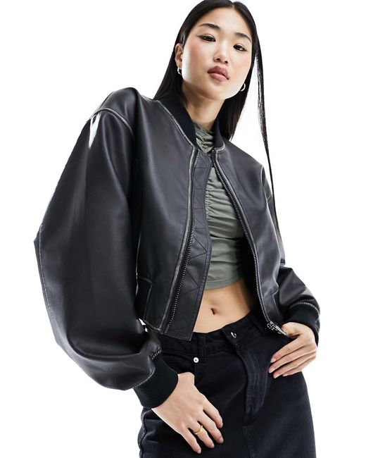 Asos Design faux leather cropped bomber jacket washed