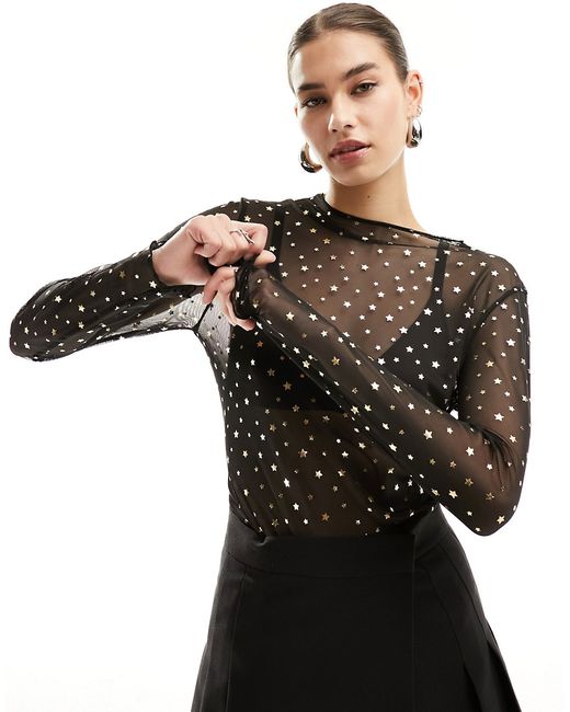 Noisy May long sleeve high neck mesh top with gold stars