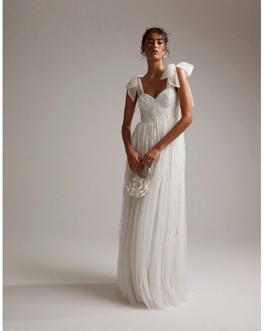 Asos Design Mila floral embellished mesh wedding dress with tie straps ivory-