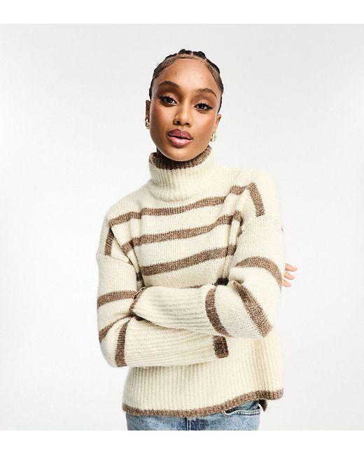 Vero Moda Tall high neck oversized stripe sweater cream and brown-