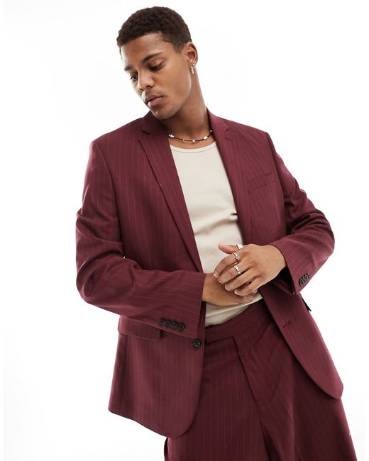 Asos Design skinny suit jacket burgundy pinstripe-