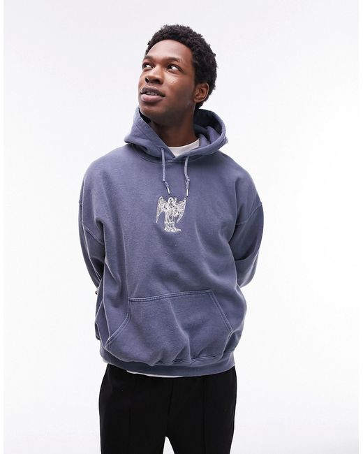 Topman oversized hoodie with angel embroidery washed