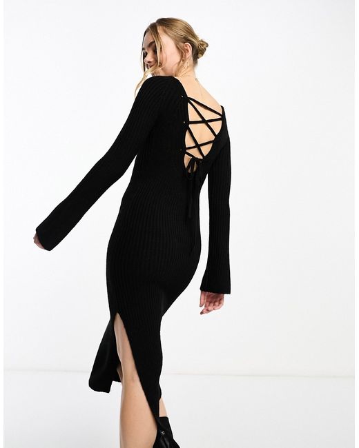 Miss Selfridge fitted knit lattice back maxi dress black-