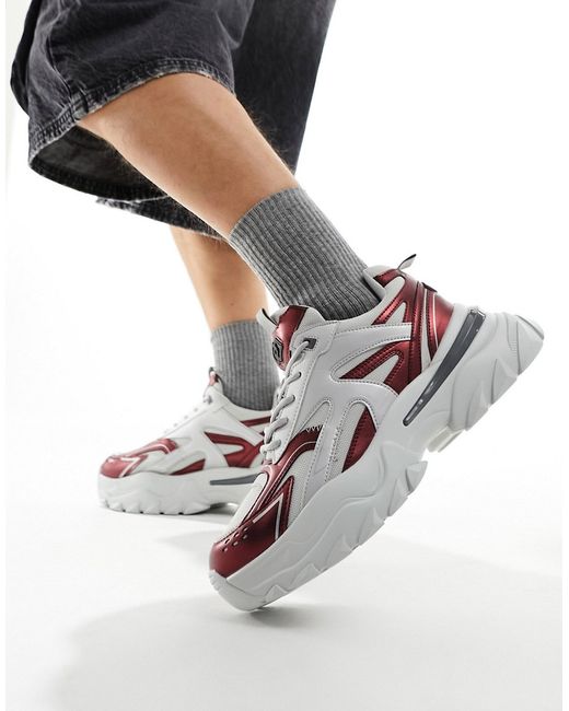 Asos Design chunky sneakers gray with burgundy metallic panels-