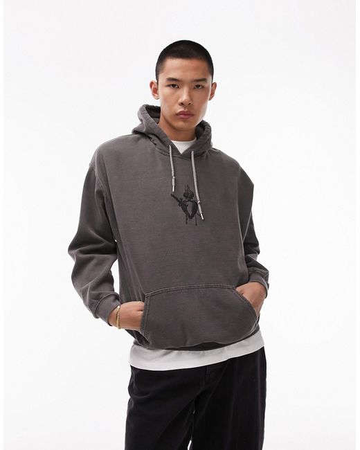 Topman oversized fit hoodie with sacred heart tattoo washed