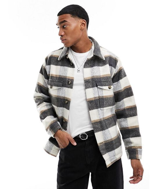 Selected Homme heavyweight overshirt off white and navy plaid-